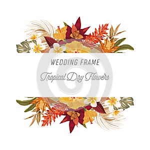 Tropical floral frame with palm leaves, tropic flowers. Elegant backdrop decorated with foliage of exotic jungle plants