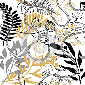 Tropical floral hand drawn seamless pattern with chains flowers leaves branches. Vector ornamental drawing background. Beautiful