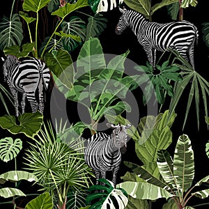 Tropical floral leaves, palm banana tree, zebra wildlife animal floral seamless pattern on black background.