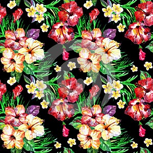 Tropical floral pattern on a black. Watercolor painted flowers plumeria.