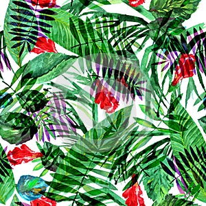 Tropical floral pattern on a white background. Leaves Watercolor painted collage artistic