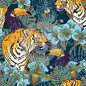 Tropical floral seamless background with Tiger