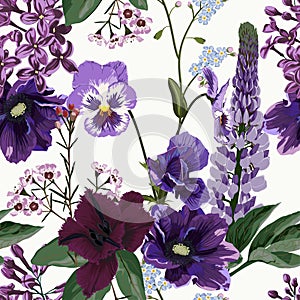 Tropical floral seamless pattern background with exotic dark violet flowers and leaves.