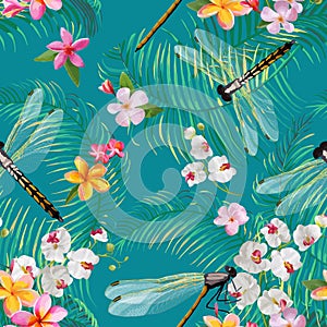 Tropical Floral Seamless Pattern with Dragonflies. Botanical Wildlife Background with Palm Tree Leaves and Exotic Flowers