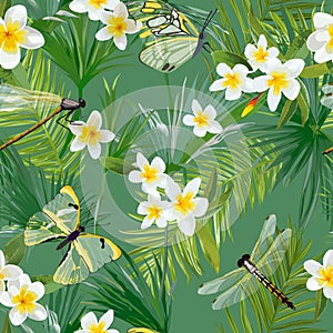 Tropical Floral Seamless Pattern with Dragonflies. Jungle Background with Palm Tree Leaves and Exotic Flowers