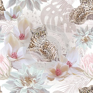 Tropical floral Seamless pattern. Wild animal leopard on beige exotic leaves and flowers