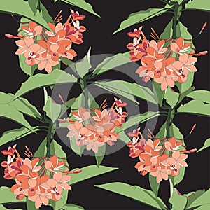 Tropical floral summer seamless pattern background with orange plumeria flowers.