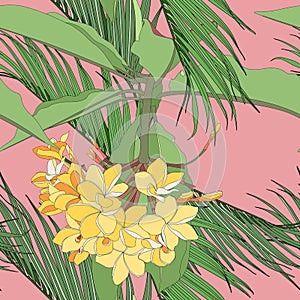 Tropical floral summer seamless pattern background with plumeria flowers with leaves and palms.