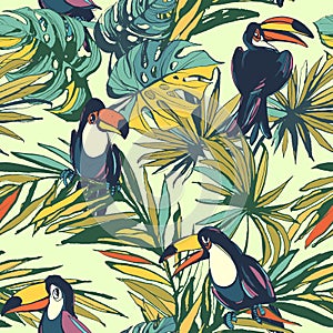 Tropical floral summer seamless pattern with palm beach leaves a