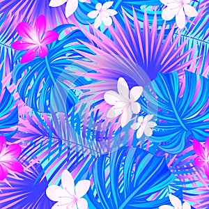 tropical floral vector seamless pattern. Amazon rainforest background in a trendy lilac, very peri, violet colors