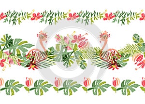 Tropical flower and flamingo, hand drawn border photo