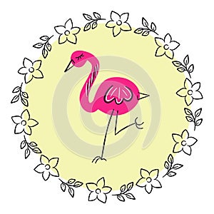 Tropical flower frame with flamingo