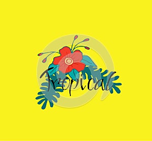 Tropical flower illustration with calligraphy inscription tropical