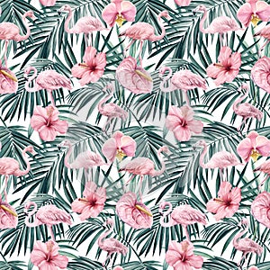 Tropical flower, Palm leaves and flamingo bird watercolor summer Seamless pattern. Exotic background hand drawn flora