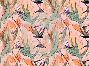 tropical flower pattern pink trendy colorful jungle orange seamless leaf. Generative AI.