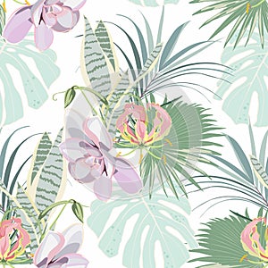Tropical flower, succulent and others exotic flowers and leaves. Beach wallpaper seamless pattern.