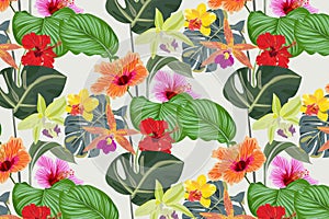 Tropical flower vector pattern, repeating floral and leaves of orchids, Hibiscus flowers, wild orchids