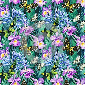 Tropical flowers Agapanthus, leaves and butterfly, watercolor Seamless pattern with