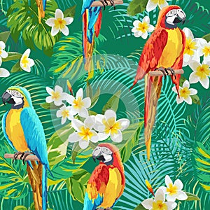 Tropical Flowers and Birds Background - Vintage Seamless Pattern