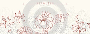 Tropical flowers border seamless pattern in sketch style