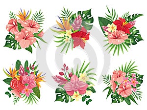 Tropical flowers bouquet. Exotic palm leaves, floral tropic bouquets and tropicals wedding invitation vector
