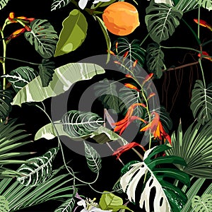 Tropical  flowers with bright green leaves and crocosmia exotic orange flower seamless pattern.