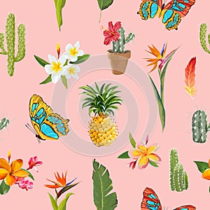 Tropical Flowers and Butterflies Background. Floral Seamless Pattern with Cactus and Pineapple