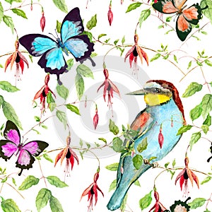 Tropical flowers, exotic bird and bright butterflies. Seamless floral pattern. Watercolour