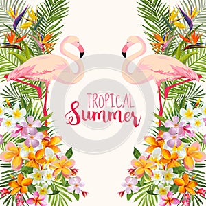 Tropical Flowers. Flamingo Bird. Tropical Background