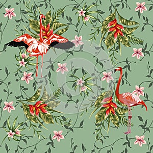 Tropical flowers with flamingo birds pattern background with ivy mix