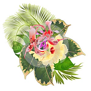 Tropical flowers  floral arrangement, with   Orchid Dendrobium nobile spotted  red purple and white and yellow hibiscus palm,