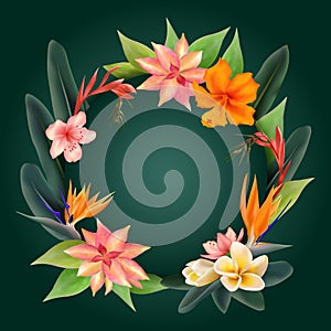 Tropical flowers and green leaves round frame.