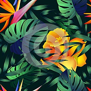 Tropical flowers, jungle leaves.