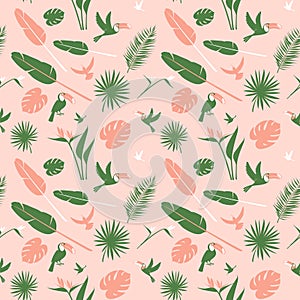 Seamless floral pattern background Tropical flowers, jungle palm leaves birds