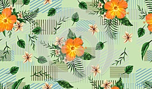 Tropical flowers with leaf lines background