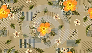 Tropical flowers with leaf lines background