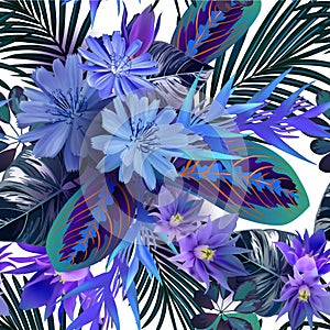 Tropical flowers and leavbs seamless pattern