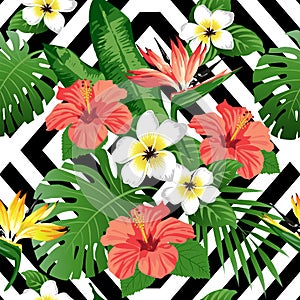 Tropical flowers and leaves on background.