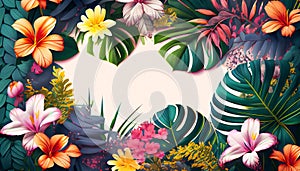 Tropical flowers and leaves background. Realistic vector illustration.