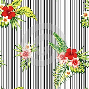 Tropical flowers leaves composition seamless pattern black white background