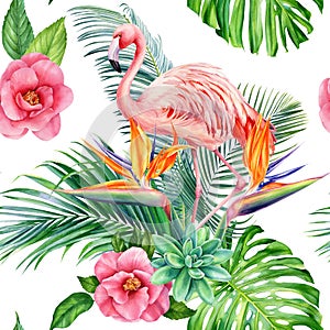 Tropical flowers, leaves and flamingos. Exotic flora, watercolor illustration seamless pattern, digital paper