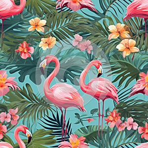 Tropical Flowers, Leaves, and Flamingos Seamless Pattern, Summery Background Design