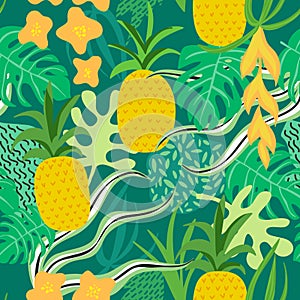 Tropical Flowers and Leaves Pattern. Pineapples Retro Background