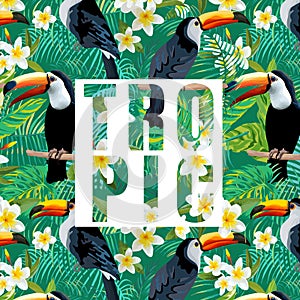 Tropical Flowers and Leaves. Toucan Bird