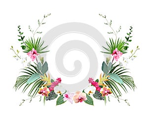 Tropical flowers and leaves vector design card. White orchid, strelitzia, canna, bougainvillea, monstera, jungle palm photo