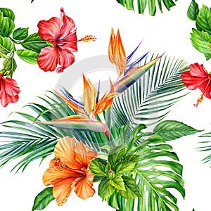 Tropical flowers, palm leaves. Exotic plants seamless pattern, watercolor botanical painting, digital paper