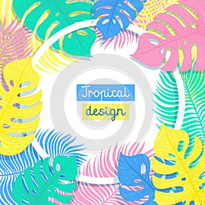 Tropical Flowers and Palms Summer Background with copy space. Flat style illustration in punchy pastels colors. Exotic