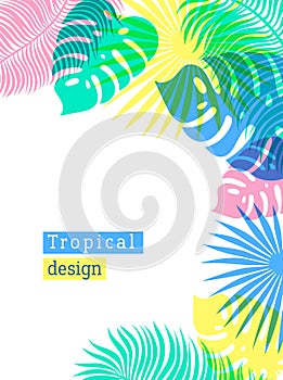 Tropical Flowers and Palms Summer Background with copy space. Flat style illustration in punchy pastels colors. Exotic