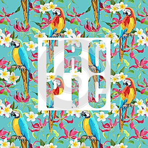 Tropical Flowers and Parrot Birds Exotic Background