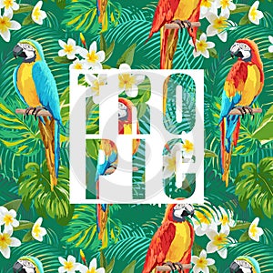 Tropical Flowers and Parrot Birds Exotic Background